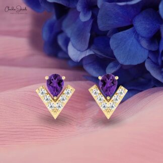 Gemstone Push Back Stud with 0.34 Ct Amethyst Diamond Chevron Earrings In 14k Real Gold