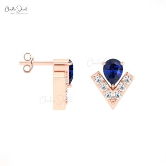 Dainty V Shape Studs With 4x3mm Blue Sapphire Diamond Chevron Earrings In 14k Real Gold