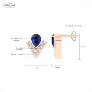 Dainty V Shape Studs With 4x3mm Blue Sapphire Diamond Chevron Earrings In 14k Real Gold