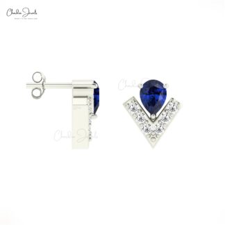 Dainty V Shape Studs With 4x3mm Blue Sapphire Diamond Chevron Earrings In 14k Real Gold