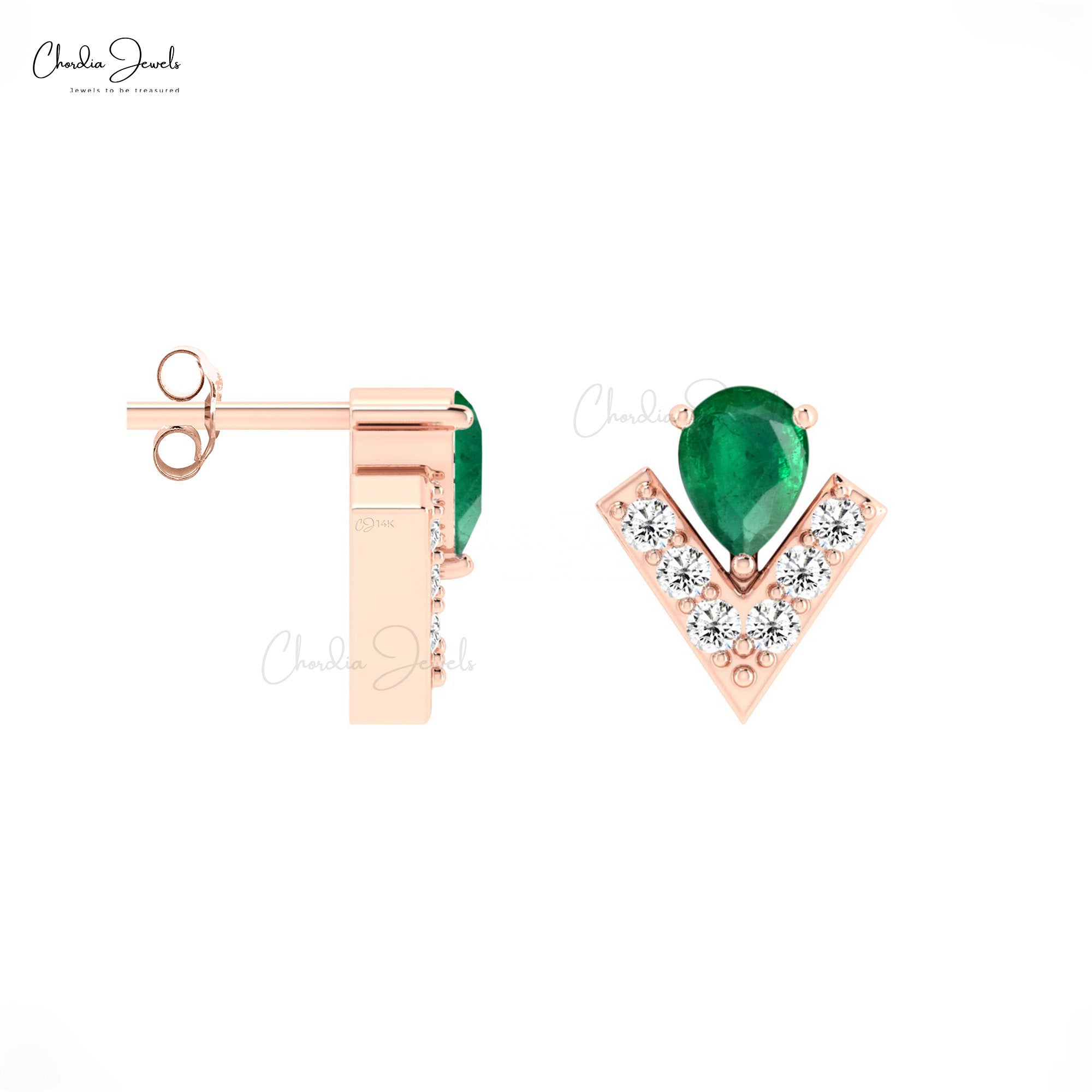 Chevron Diamond Studs With 4x3mm Zambian Emerald 7 Stone Earrings In 14k Solid Gold