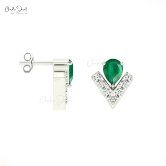 Chevron Diamond Studs With 4x3mm Zambian Emerald 7 Stone Earrings In 14k Solid Gold