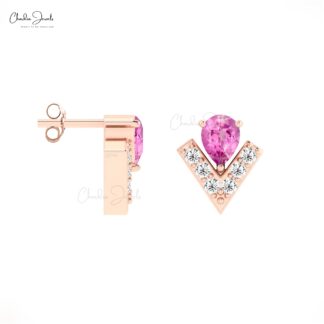 Natural Pink Sapphire & Dainty Diamond Chevron Stud Earrings In 14k Solid Gold
