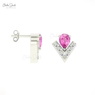 Natural Pink Sapphire & Dainty Diamond Chevron Stud Earrings In 14k Solid Gold