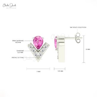 Natural Pink Sapphire & Dainty Diamond Chevron Stud Earrings In 14k Solid Gold
