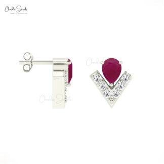Teardrop Burma Ruby Earring In 14k Solid Gold Chevron Diamond Push Back Studs