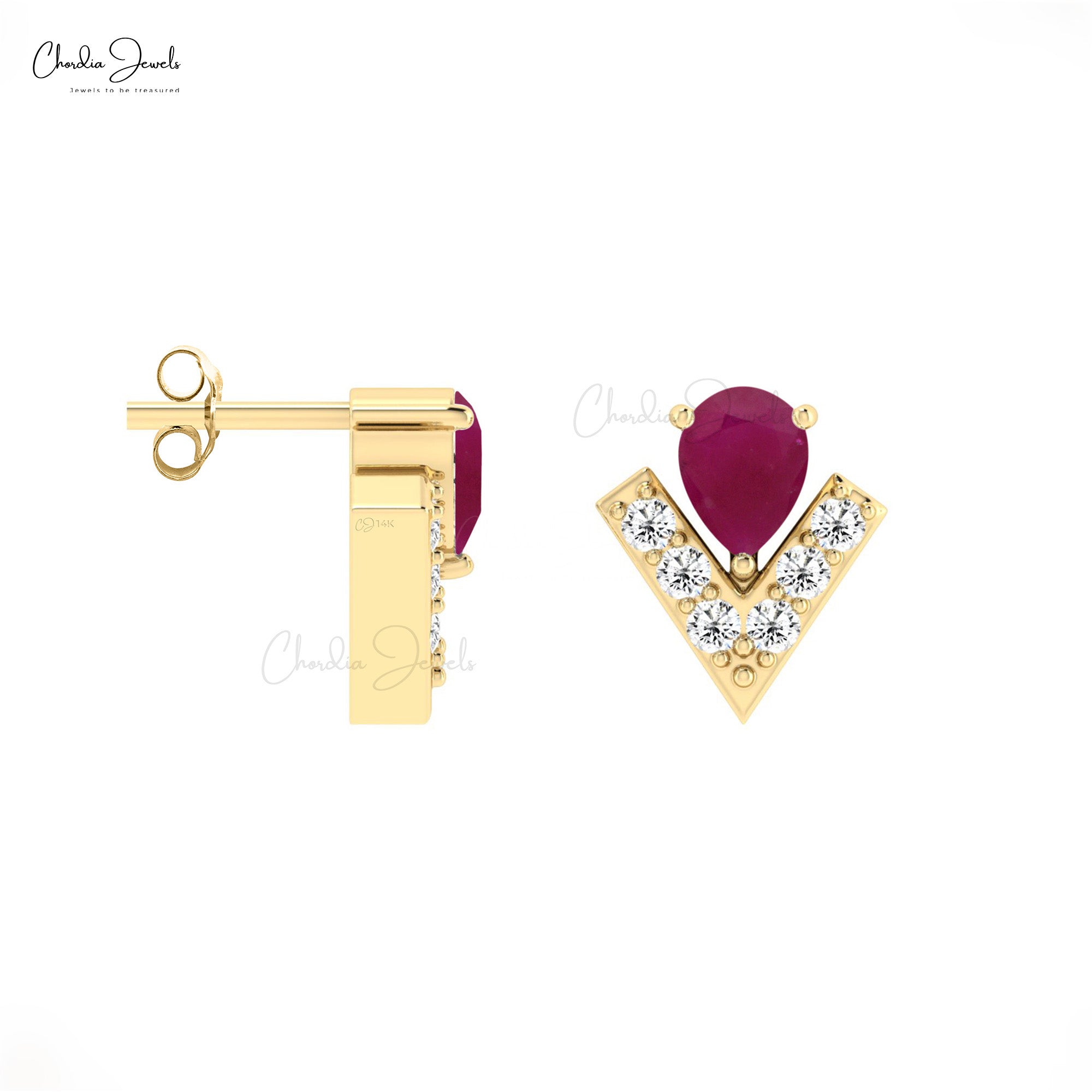 Teardrop Burma Ruby Earring In 14k Solid Gold Chevron Diamond Push Back Studs