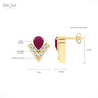 Teardrop Burma Ruby Earring In 14k Solid Gold Chevron Diamond Push Back Studs