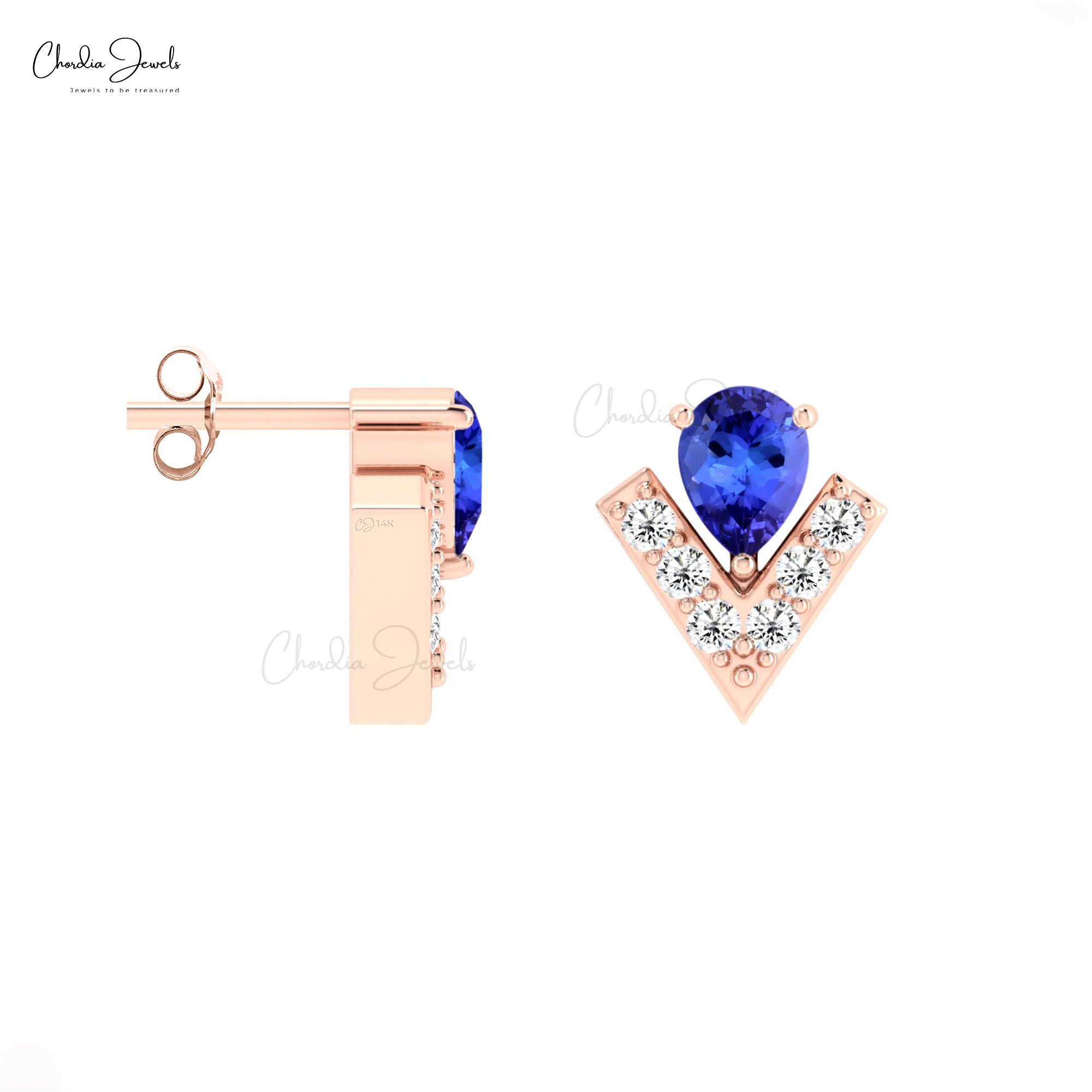 Pear Chevron Earrings In 14k Solid Gold Tanzanite 4x3mm Gemstone Diamond V Shape Studs
