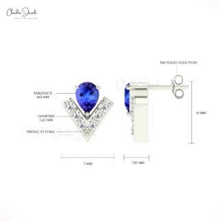 Pear Chevron Earrings In 14k Solid Gold Tanzanite 4x3mm Gemstone Diamond V Shape Studs
