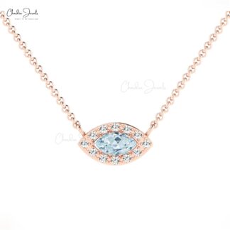 Halo Minimal Necklace With 0.17 Ct Aquamarine And Diamond Chain Necklace In 14k Pure Gold