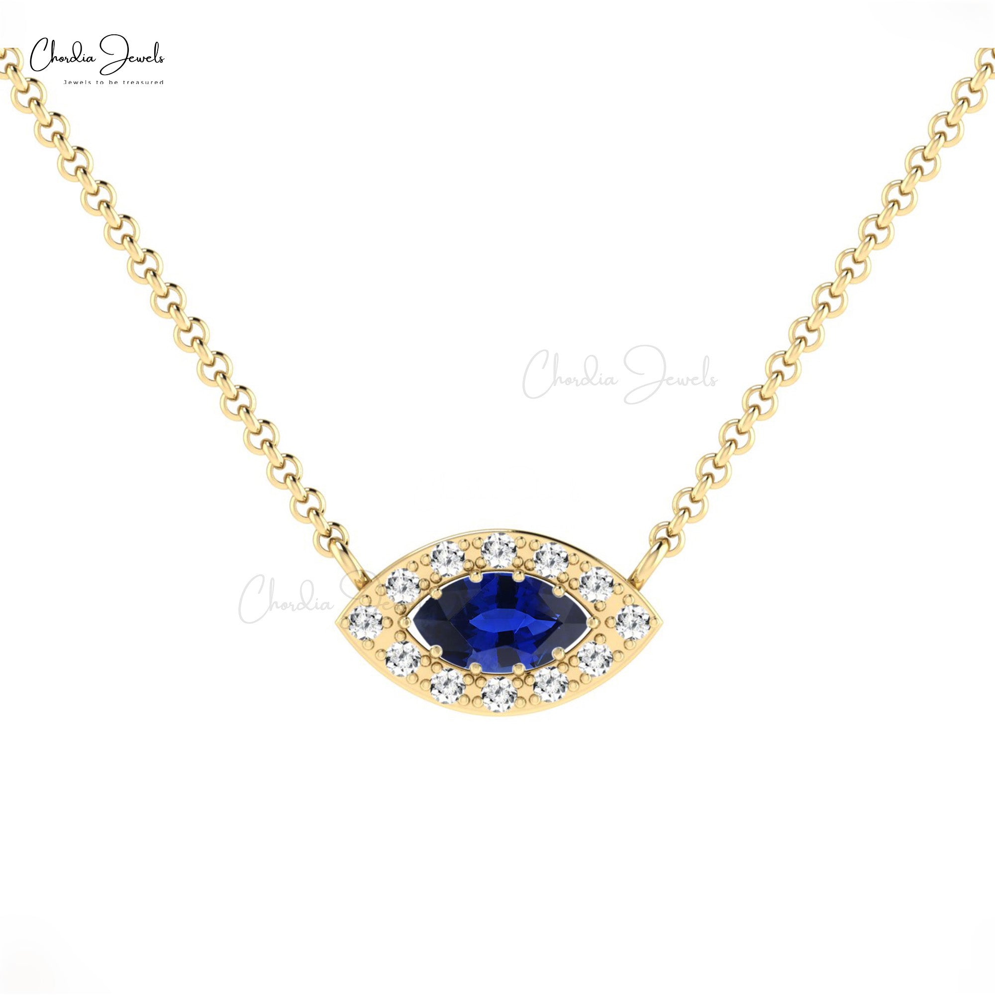 Natural Blue Sapphire Halo Chain Necklace In 14k Real Gold Pave Diamond Hallmark Jewelry
