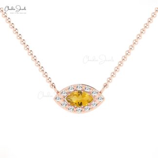 Solid 14k Gold Evil Eye Charm In 6x3mm Citrine Gemstone And Diamond Halo Necklace
