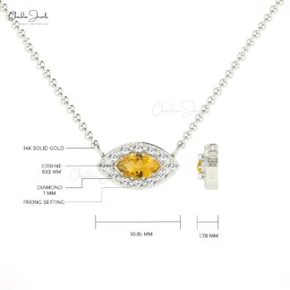 Solid 14k Gold Evil Eye Charm In 6x3mm Citrine Gemstone And Diamond Halo Necklace