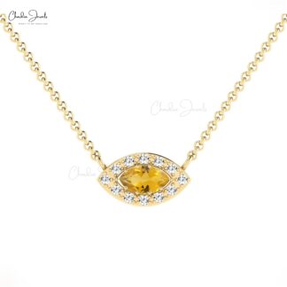 Solid 14k Gold Evil Eye Charm In 6x3mm Citrine Gemstone And Diamond Halo Necklace