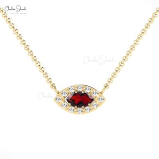 Marquise Evil Eye Necklace With 6x3mm Red Garnet Diamond Halo 14k Real Gold Necklace