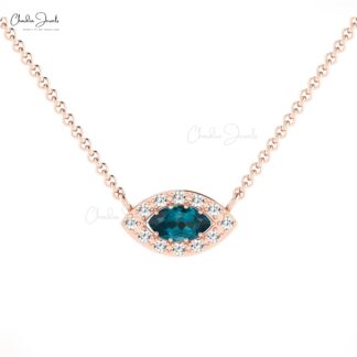 Halo Wedding Necklace With London Blue Topaz And Diamond Necklace In 14k Real Gold