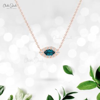 Halo Wedding Necklace With London Blue Topaz And Diamond Necklace In 14k Real Gold