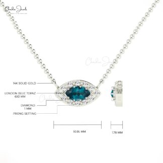 Halo Wedding Necklace With London Blue Topaz And Diamond Necklace In 14k Real Gold