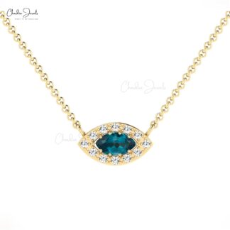 Halo Wedding Necklace With London Blue Topaz And Diamond Necklace In 14k Real Gold
