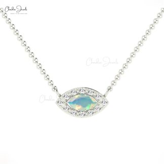 Marquise Halo Chain Necklace With 0.17 Ct Opal And Diamond Pave In 14k Real Gold Necklaces