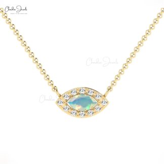 Marquise Halo Chain Necklace With 0.17 Ct Opal And Diamond Pave In 14k Real Gold Necklaces