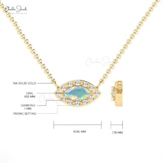 Marquise Halo Chain Necklace With 0.17 Ct Opal And Diamond Pave In 14k Real Gold Necklaces
