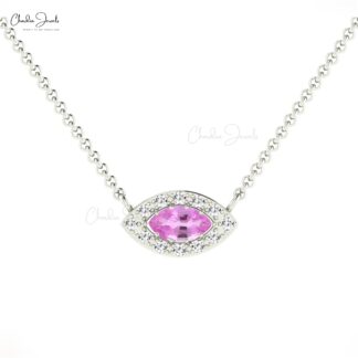 Evil Eye Halo Necklace With 0.2 Ct Pink Sapphire And Diamond Necklace In 14k Pure Gold