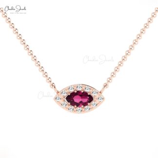 Pure 14k Gold Halo Necklace With 6x3mm Rhodolite Garnet & Pave Diamond Evil Eye Necklace