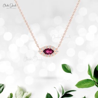 Pure 14k Gold Halo Necklace With 6x3mm Rhodolite Garnet & Pave Diamond Evil Eye Necklace