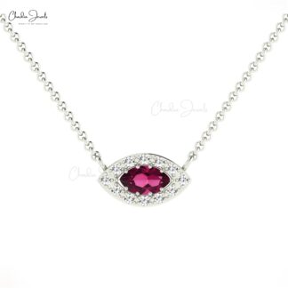 Pure 14k Gold Halo Necklace With 6x3mm Rhodolite Garnet & Pave Diamond Evil Eye Necklace