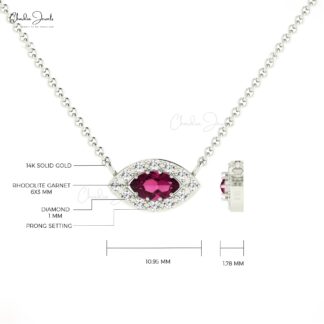 Pure 14k Gold Halo Necklace With 6x3mm Rhodolite Garnet & Pave Diamond Evil Eye Necklace