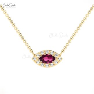 Pure 14k Gold Halo Necklace With 6x3mm Rhodolite Garnet & Pave Diamond Evil Eye Necklace