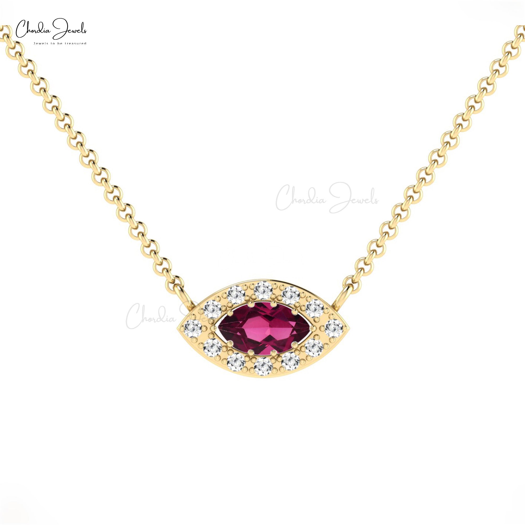 Pure 14k Gold Halo Necklace With 6x3mm Rhodolite Garnet & Pave Diamond Evil Eye Necklace