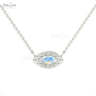 Marquise Rainbow Moonstone Halo Necklace In 14k Solid Gold Pave Diamond Fine Jewelry