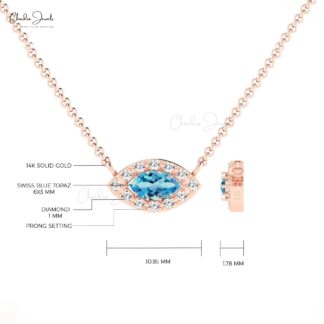Halo Diamond Charm In 14k Pure Gold Swiss Blue Topaz 0.17 Ct Gemstone Chain Necklace