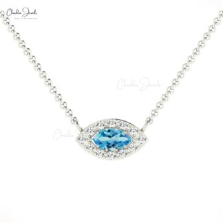 Halo Diamond Charm In 14k Pure Gold Swiss Blue Topaz 0.17 Ct Gemstone Chain Necklace