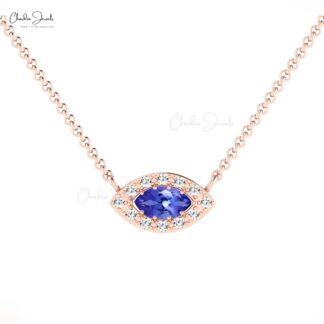 Real 14k Gold Evil Eye Necklace In 6x3mm Marquise Tanzanite Halo Diamond Chain Necklace