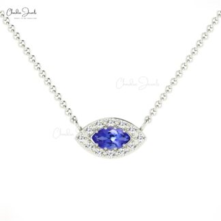 Real 14k Gold Evil Eye Necklace In 6x3mm Marquise Tanzanite Halo Diamond Chain Necklace
