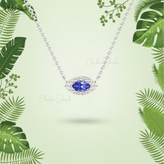Real 14k Gold Evil Eye Necklace In 6x3mm Marquise Tanzanite Halo Diamond Chain Necklace