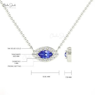 Real 14k Gold Evil Eye Necklace In 6x3mm Marquise Tanzanite Halo Diamond Chain Necklace
