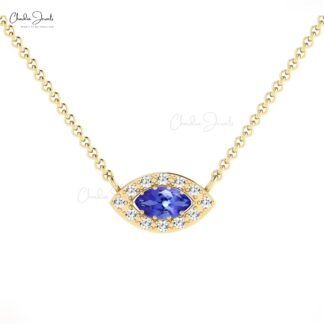 Real 14k Gold Evil Eye Necklace In 6x3mm Marquise Tanzanite Halo Diamond Chain Necklace