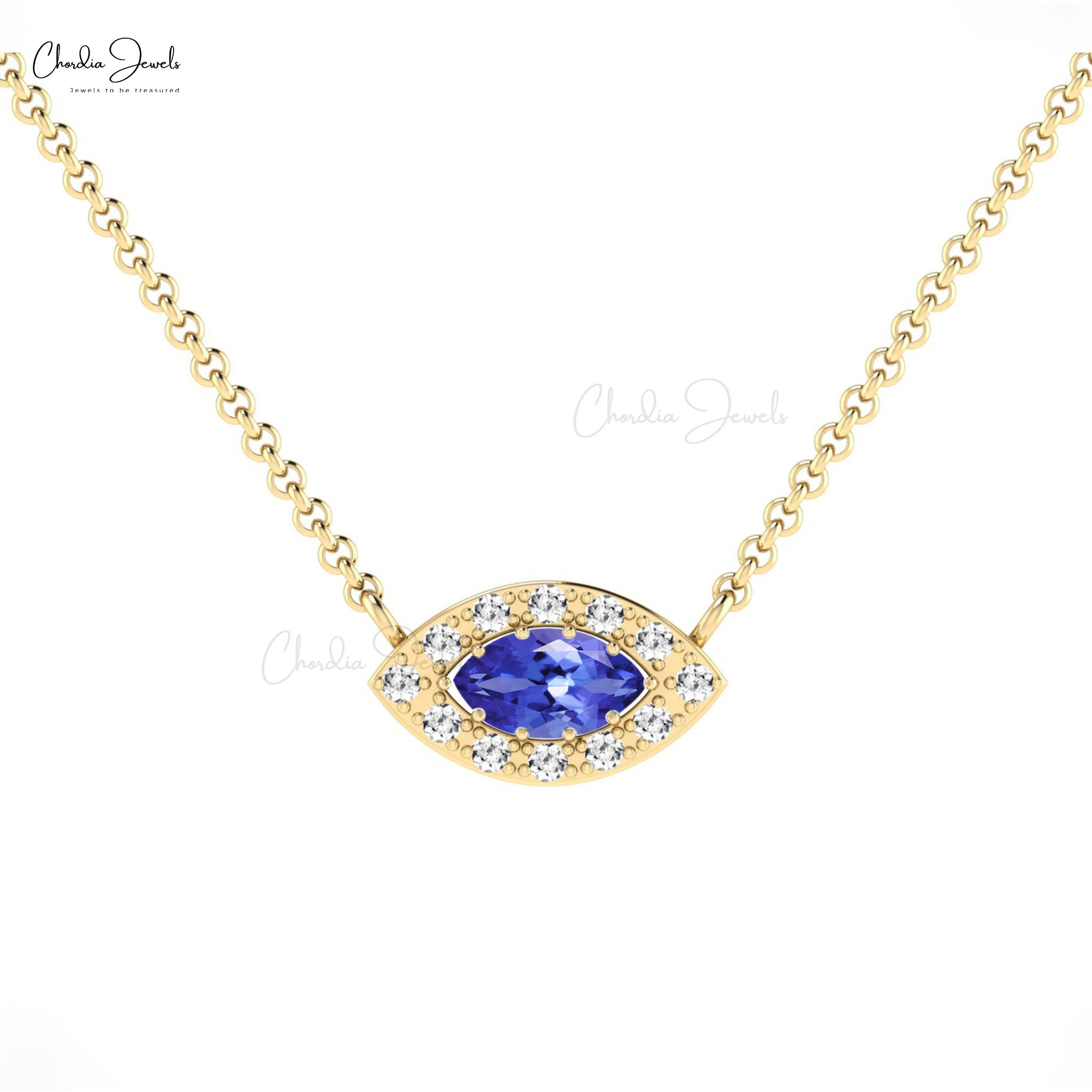 Real 14k Gold Evil Eye Necklace In 6x3mm Marquise Tanzanite Halo Diamond Chain Necklace