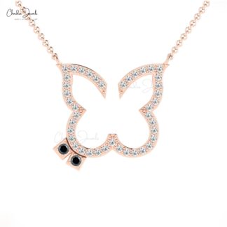Butterfly Diamond Necklace In 14k Real Gold Black Diamond 1.5mm Round Cut Chain Necklace