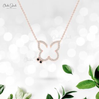 Butterfly Diamond Necklace In 14k Real Gold Black Diamond 1.5mm Round Cut Chain Necklace