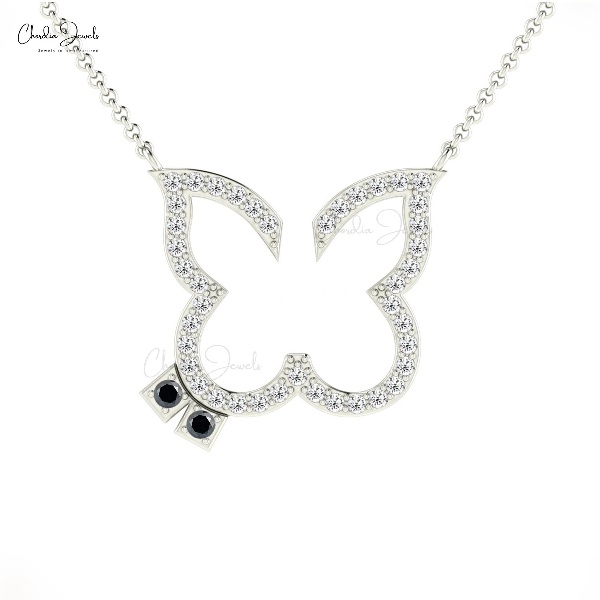 Butterfly Diamond Necklace In 14k Real Gold Black Diamond 1.5mm Round Cut Chain Necklace