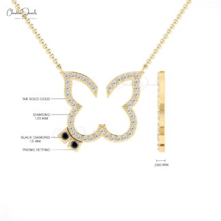 Butterfly Diamond Necklace In 14k Real Gold Black Diamond 1.5mm Round Cut Chain Necklace