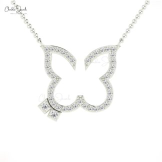 Open Butterfly 0.39 Round Diamond Solid 14k Gold Dainty Chain Necklace For Her