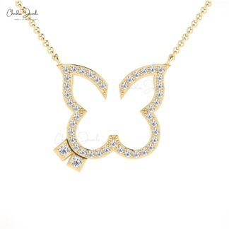 Open Butterfly 0.39 Round Diamond Solid 14k Gold Dainty Chain Necklace For Her