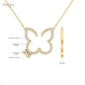 Open Butterfly 0.39 Round Diamond Solid 14k Gold Dainty Chain Necklace For Her
